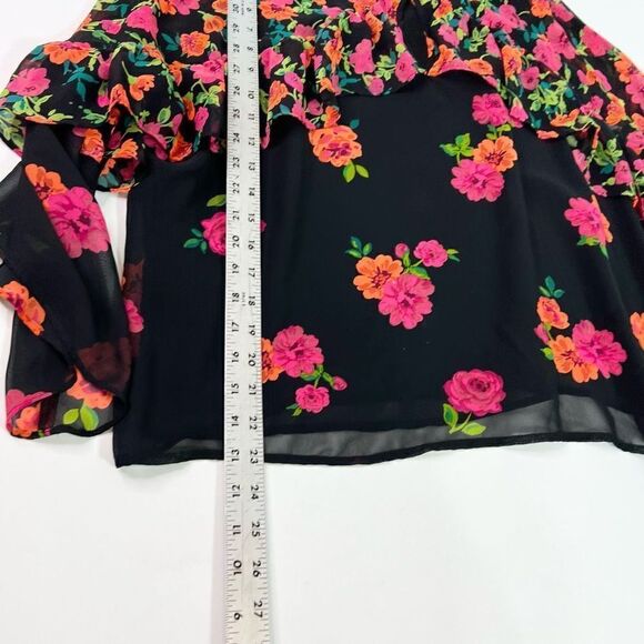 Express Long Sleeve Blouse Womens Large Black Floral Ruffle Sleeve Keyhole Front - Picture 5 of 10